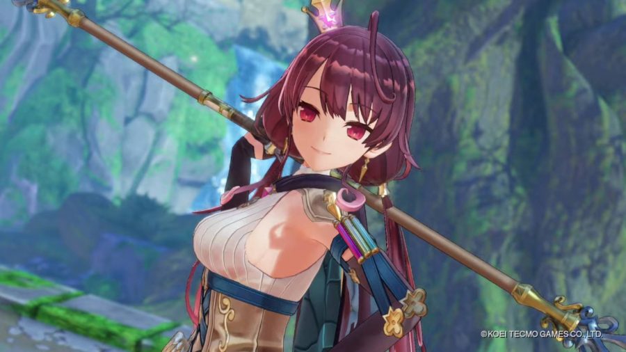 A purple haired girl holds a spear 