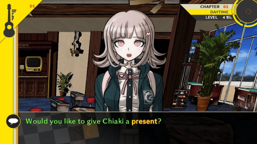 A school girl is visible, while a menu prompts the player to give them a present