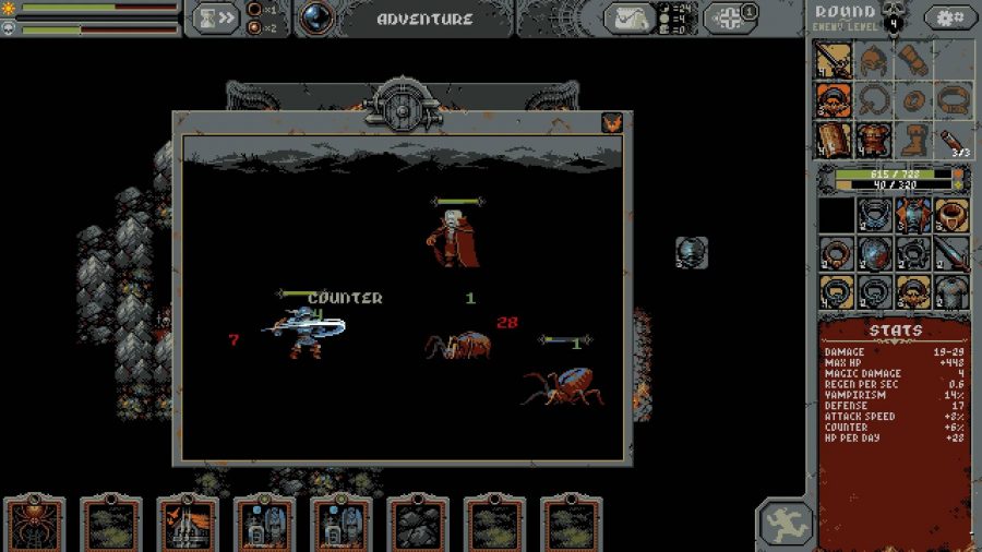 ピクセル化されたシーンは、戦場の周りのUIと、数人の小さなキャラクターが戦っている様子を示しています 