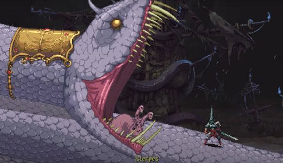 A pixelated scene shows a gigantic snake boss attacking a player character