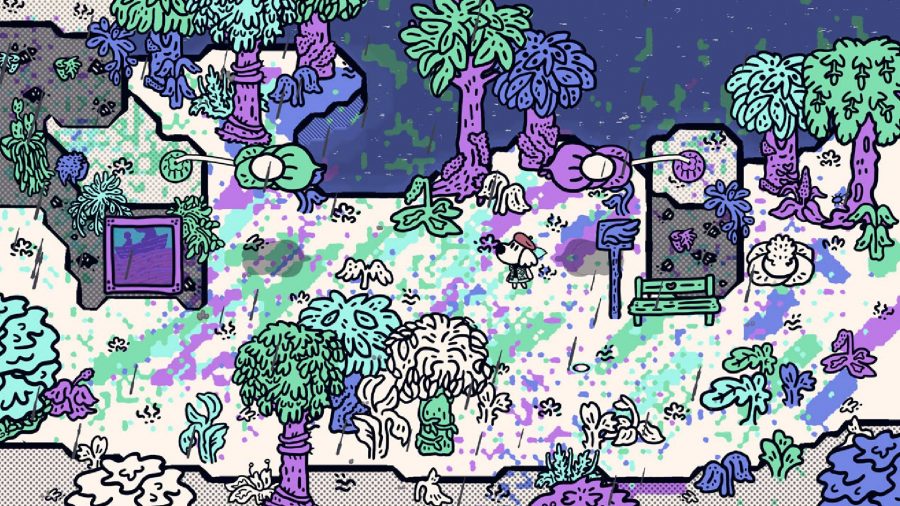 A cartoon character with a brush explores a forest filled with different colours