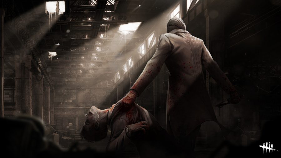 A Dead by Daylight character holding someone by the collar