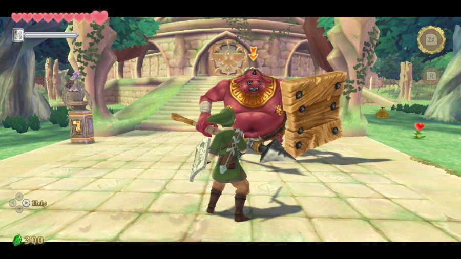 Link faces down a large enemy with a sword