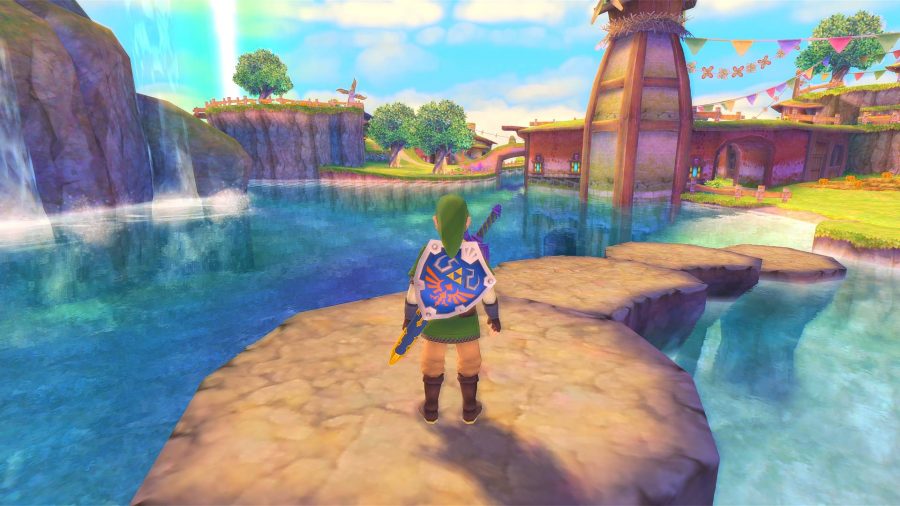 Link looks over the town of Skyloft