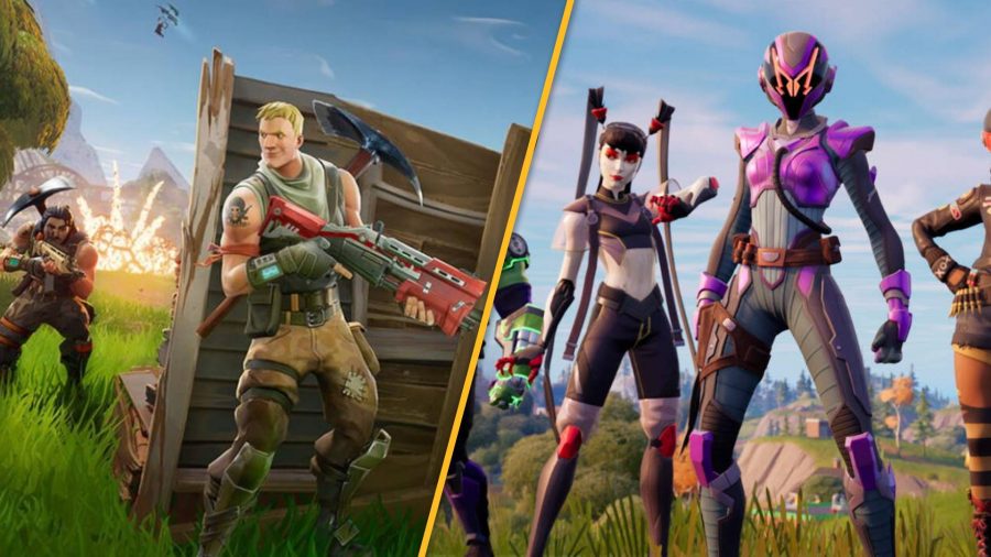 A fortnite character hides behind a large box, and several skins are visible on the right hand side