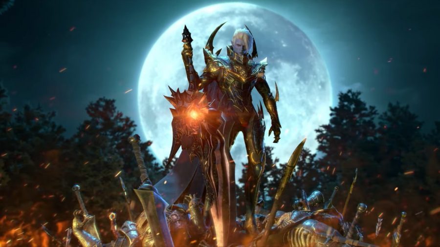 a Dark Elf standing atop a pile of skeletons
