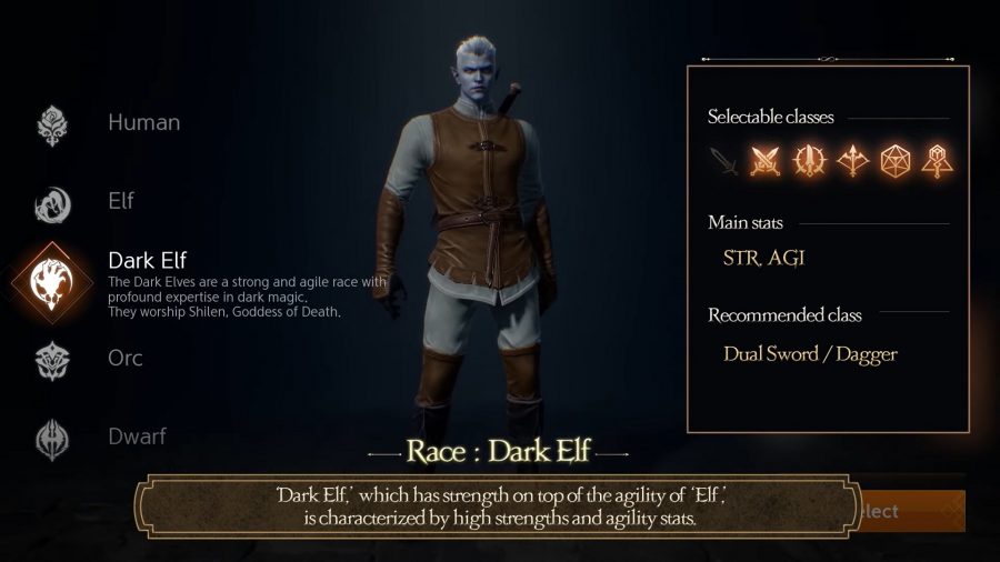 The Lineage 2M Dark Elf character creation screen
