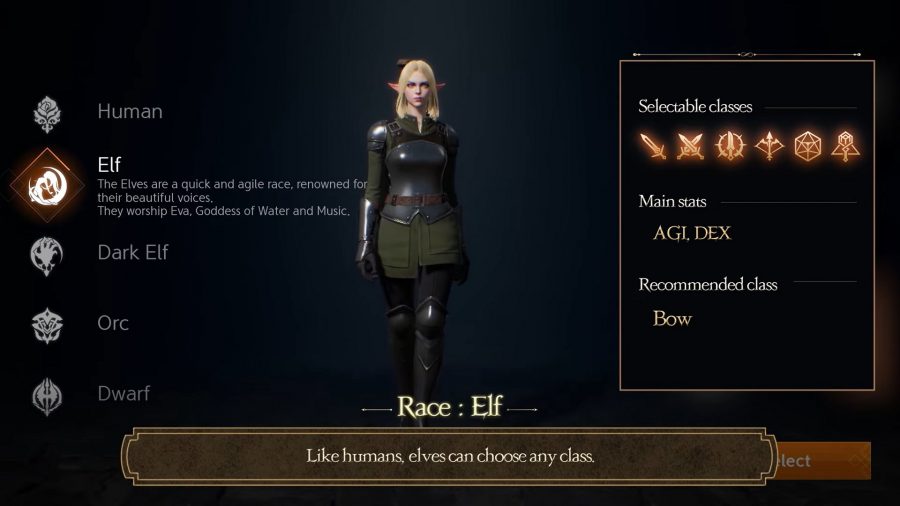 The Lineage 2M Elf character creation screen