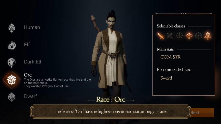 The Lineage 2M Orc character creation screen