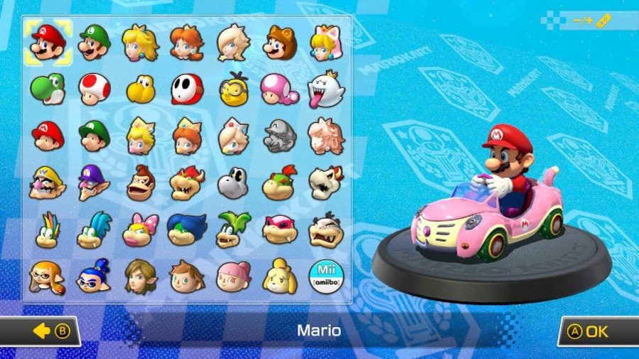 Mario is visible on a character selection screen, sitting in a kart