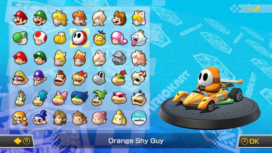 Shy Guy is visible on a character selection screen, sitting in a kart