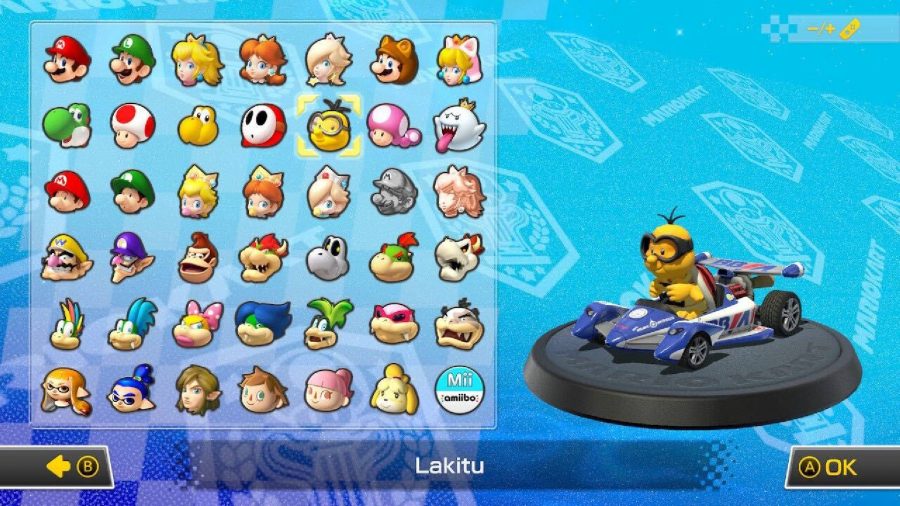 Lakitu is visible on a character selection screen, sitting in a kart