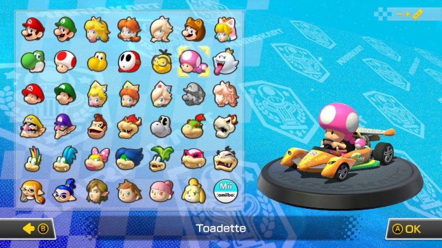 Toadette is visible on a character selection screen, sitting in a kart