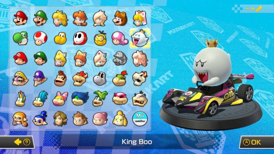 King Boo is visible on a character selection screen, sitting in a kart