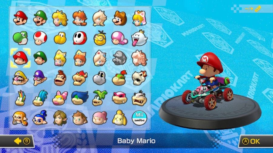Baby Mario is visible on a character selection screen, sitting in a kart