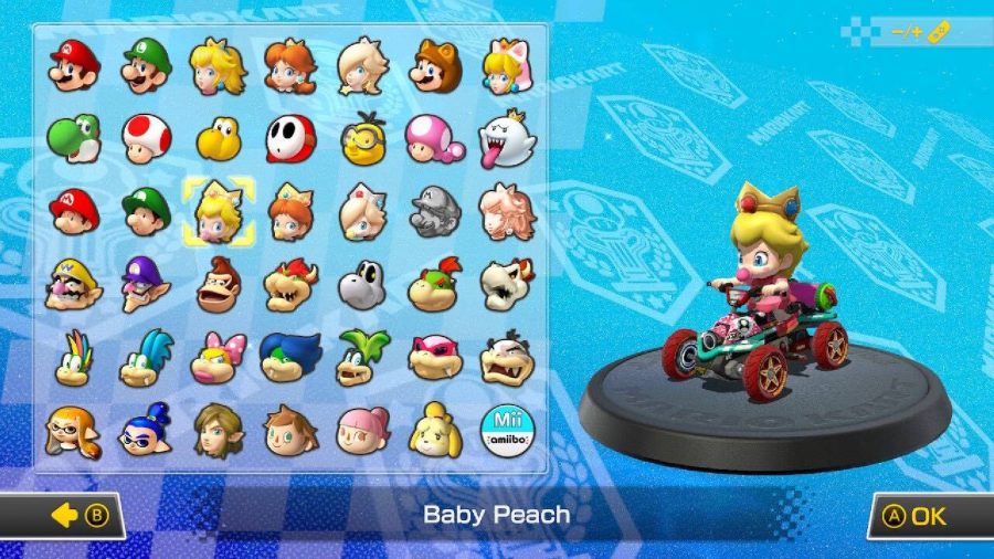 Baby Peach is visible on a character selection screen, sitting in a kart
