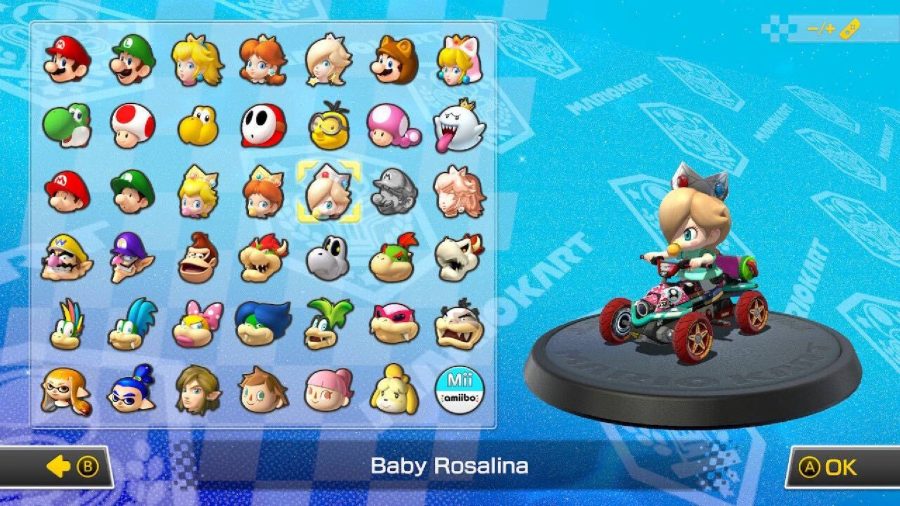 Baby Rosalina is visible on a character selection screen, sitting in a kart