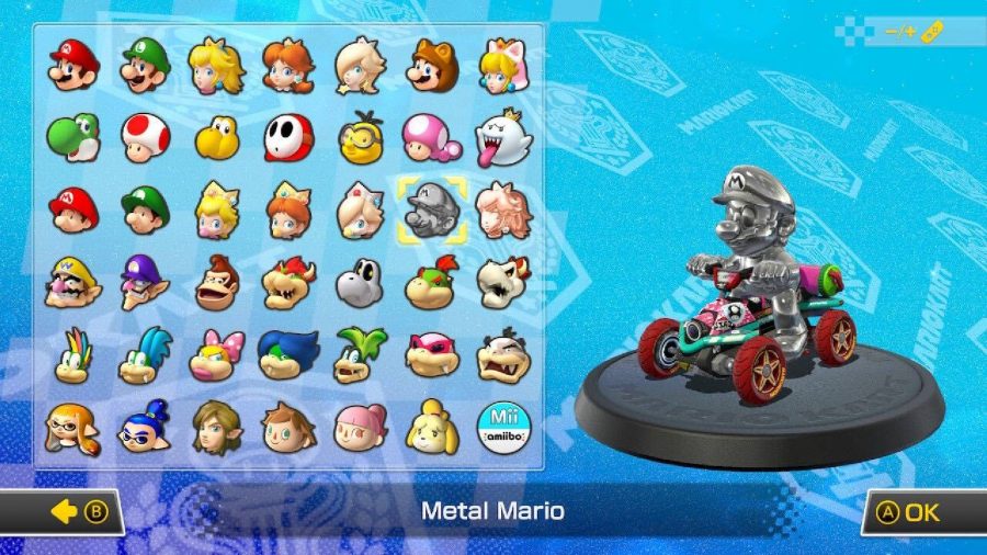 Metal Mario is visible on a character selection screen, sitting in a kart