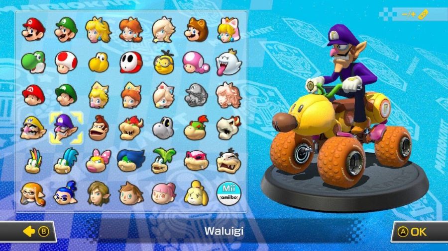 Waluigi is visible on a character selection screen, sitting in a kart