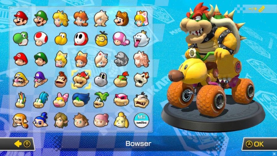 Bowser is visible on a character selection screen, sitting in a kart