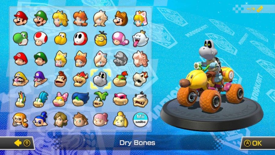 Dry Bones is visible on a character selection screen, sitting in a kart