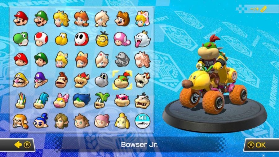 Bowser Jr is visible on a character selection screen, sitting in a kart