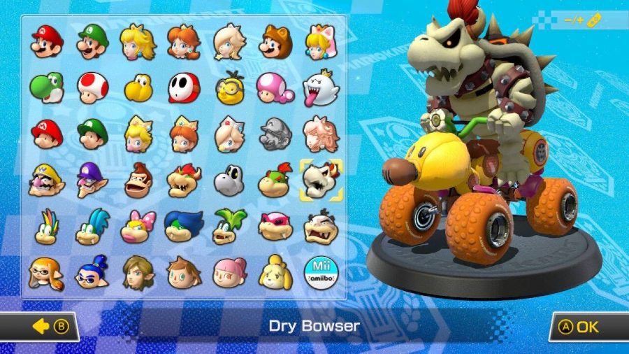 Dry Bowser is visible on a character selection screen, sitting in a kart