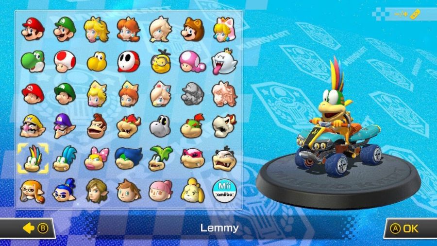 Lemmy Koopa is visible on a character selection screen, sitting in a kart