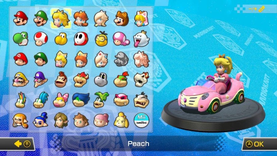 Princess Peach is visible on a character selection screen, sitting in a kart