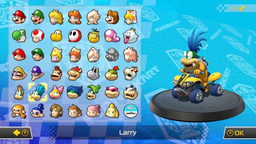Larry Koopa is visible on a character selection screen, sitting in a kart