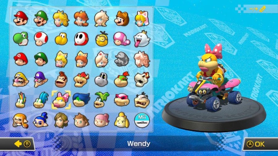 Wendy Koopa is visible on a character selection screen, sitting in a kart