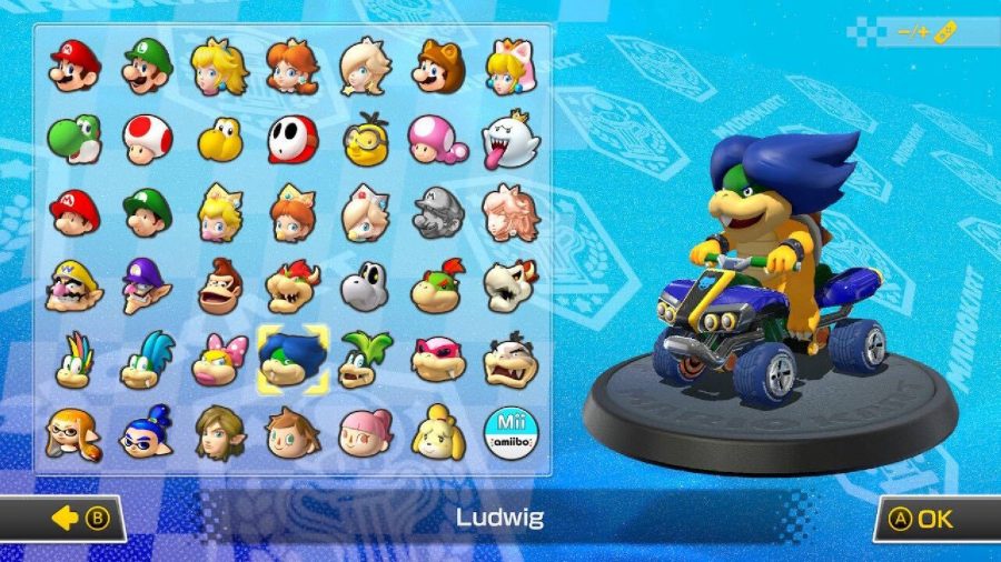 Ludwig Von Koopa is visible on a character selection screen, sitting in a kart