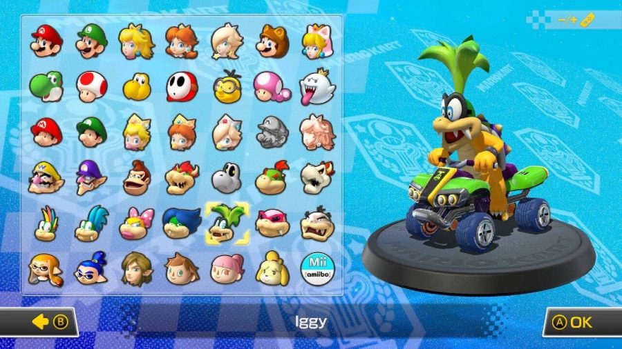 Iggy Koopa is visible on a character selection screen, sitting in a kart