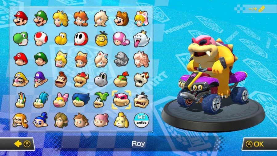 Roy Koopa is visible on a character selection screen, sitting in a kart