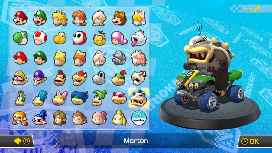 Morton Koopa is visible on a character selection screen, sitting in a kart