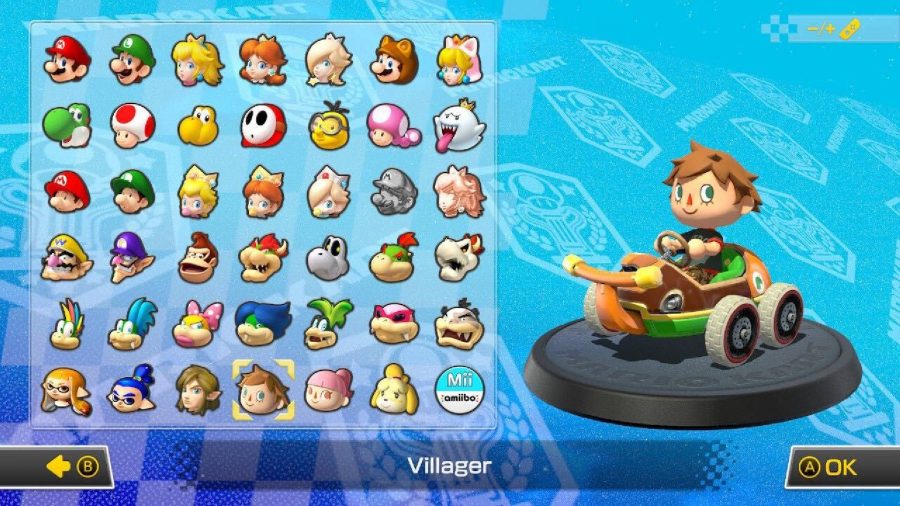 Villager male is visible on a character selection screen, sitting in a kart