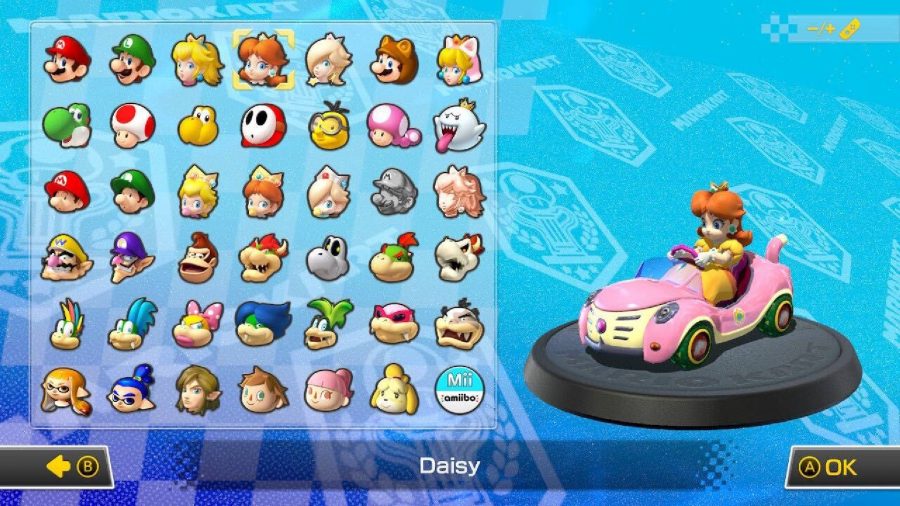 Princess Daisy is visible on a character selection screen, sitting in a kart