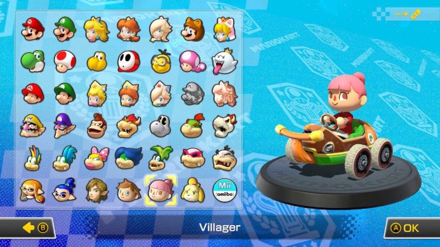 Villager Female is visible on a character selection screen, sitting in a kart