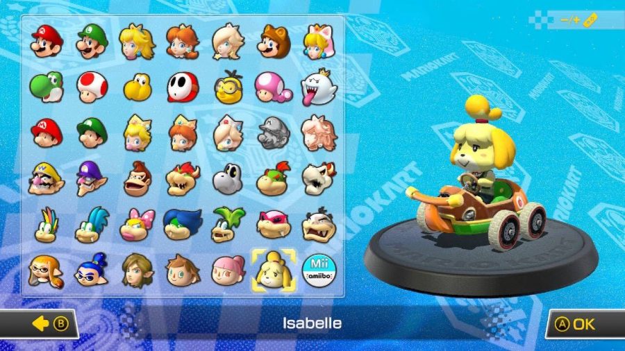 Isabelle is visible on a character selection screen, sitting in a kart