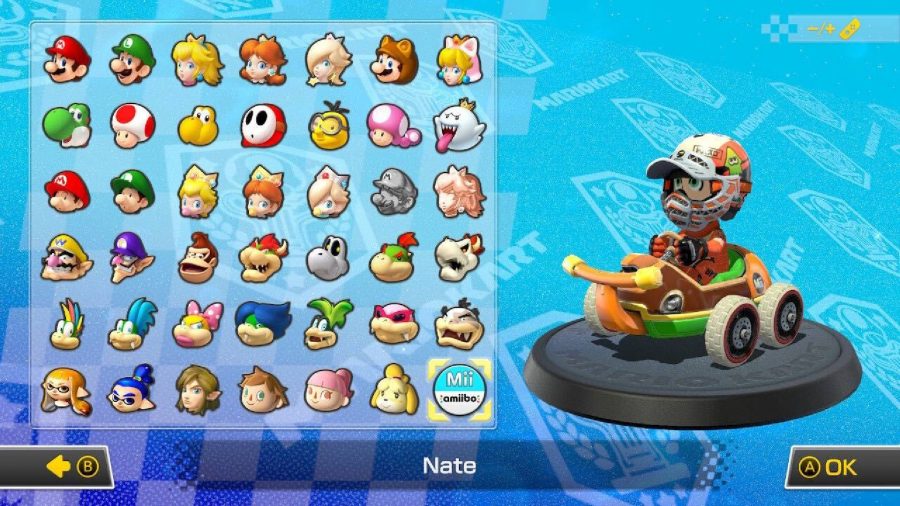 A Mii is visible on a character selection screen, sitting in a kart