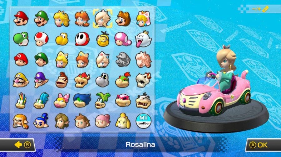 Rosalina is visible on a character selection screen, sitting in a kart