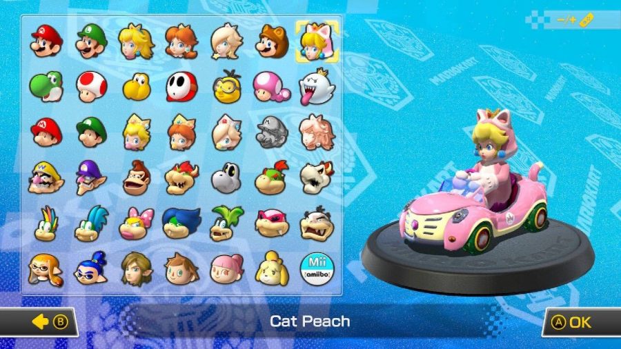 Cat Peach is visible on a character selection screen, sitting in a kart