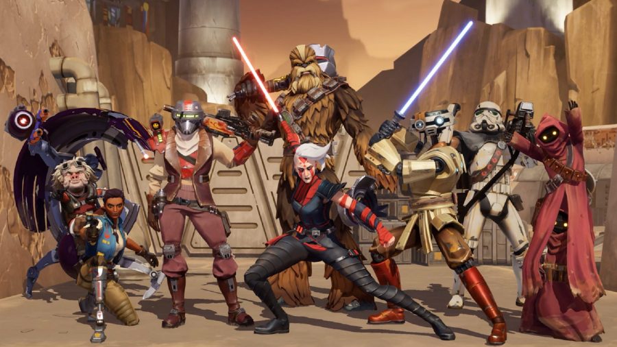 A group of Star Wars characters wielding lightsabers and other weapons