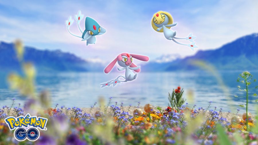 Three Pokémon flying through a field of flowers