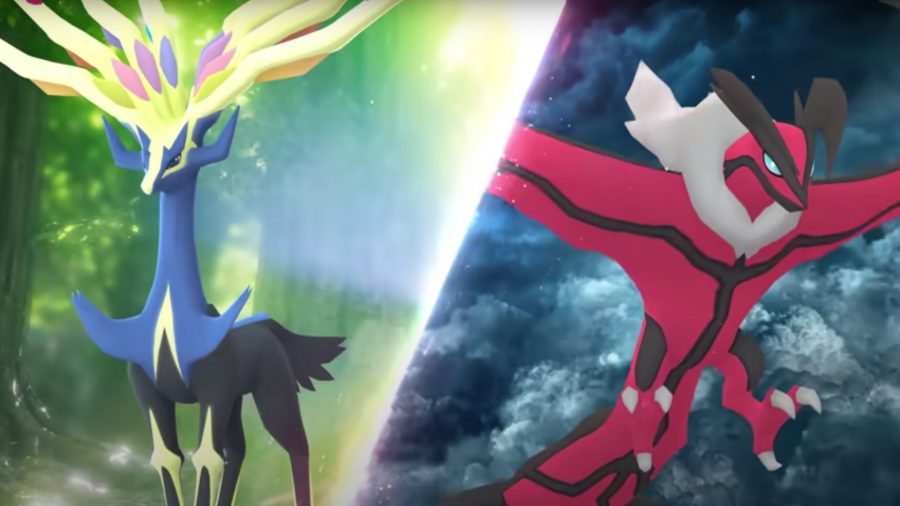 Xerneas and Yvetal against a green and blue background