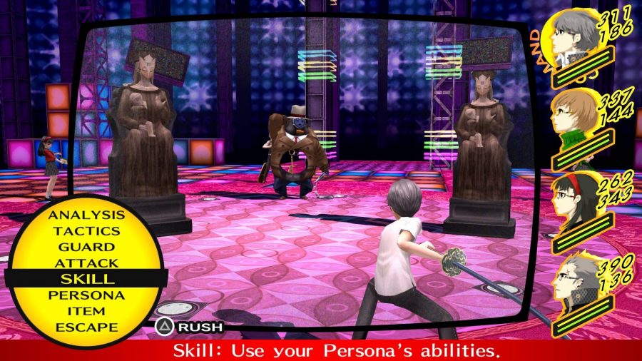 An RPG chaarcter faces down several opponents in a brightly coloured room