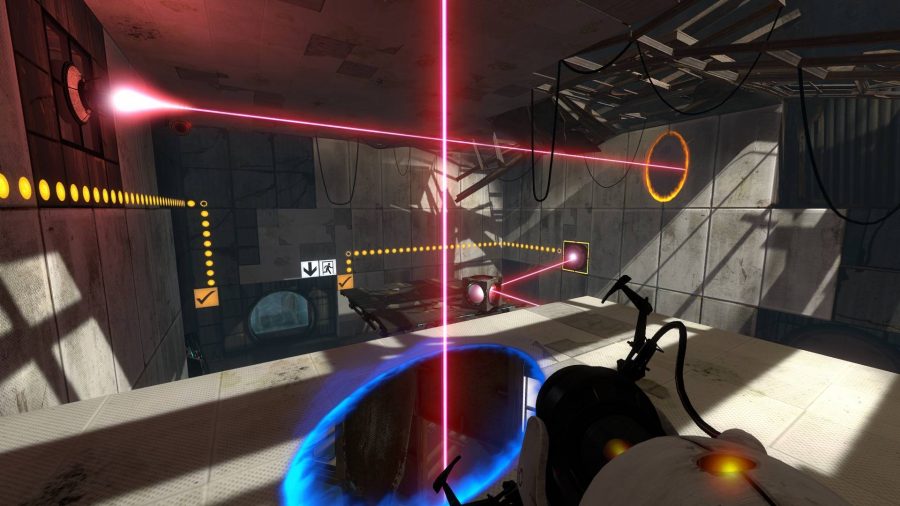A FPS view shows a character holding a gun and opening portals 