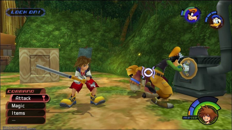 Sora and Goofy appear in a wooded area