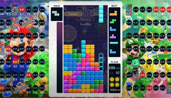 A board of tetris is being played, with a theme based on Mario Party Superstars