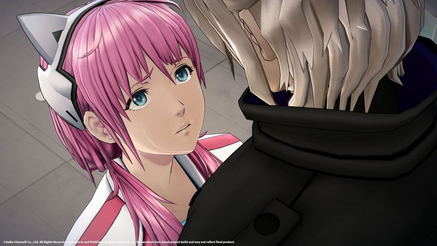 A girl with pink hair looks up at a blonde person
